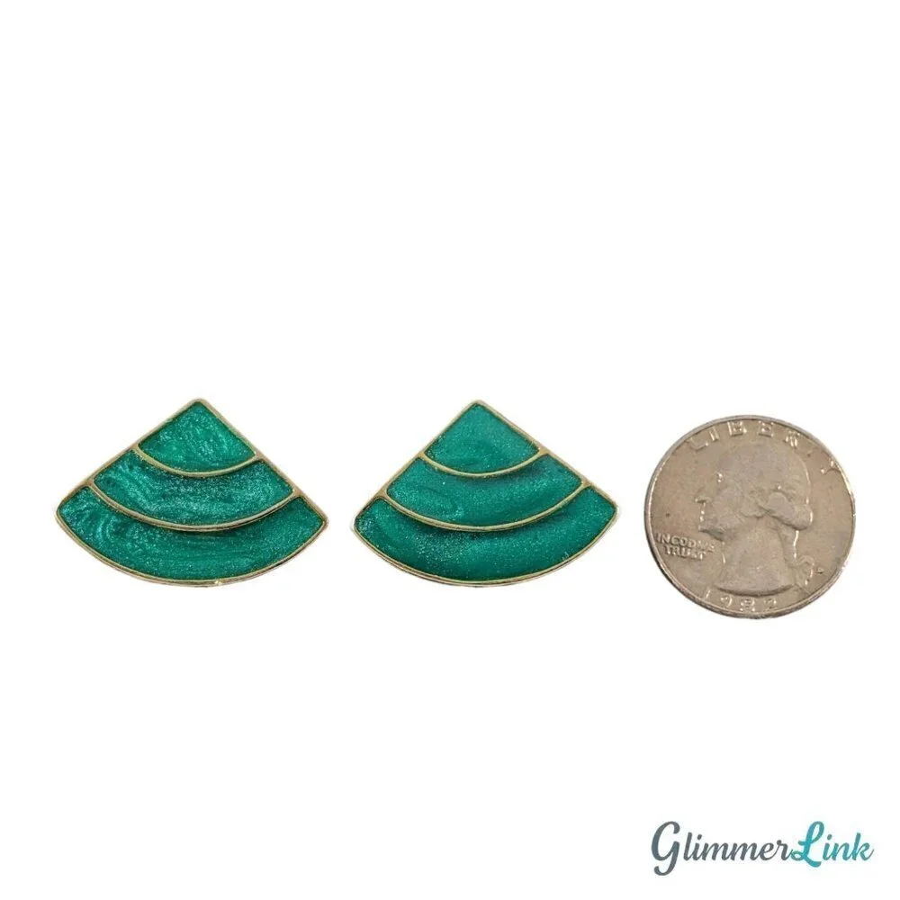 Vintage 1980s Green Enamel Striped Triangle Gold Tone Clip On Earrings
